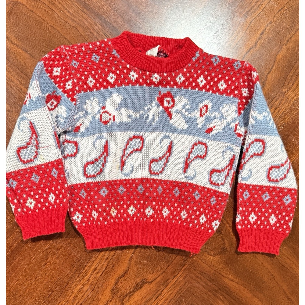 Vintage 80s 90s Kids Winter Christmas Red Blue White Knit Sweater 3years